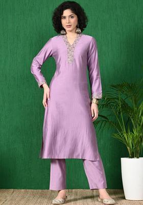 Mauve Embroidered Silk Blend Kurta Set