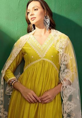 Mustard Embroidered Silk Blend Anarkali Set
