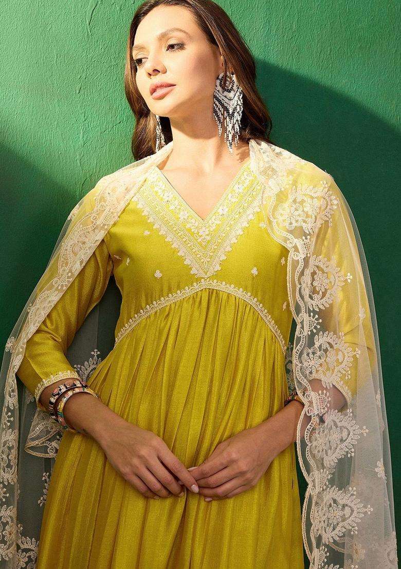Mustard Embroidered Silk Blend Anarkali Set - Indya