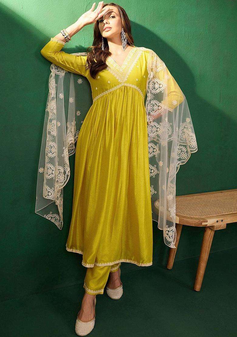 Mustard Embroidered Silk Blend Anarkali Set - Indya