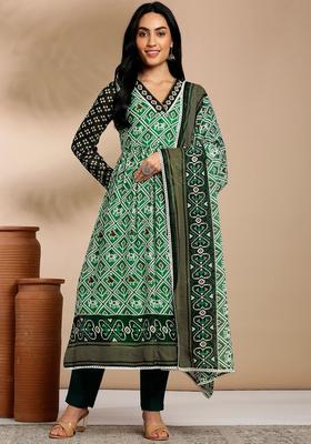 Green Printed Georgette Kurta Set