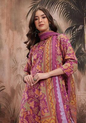 Purple Printed Polyester Kurta Set