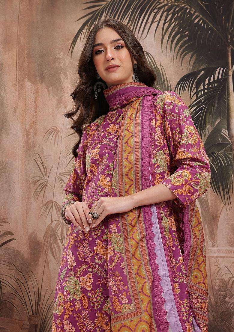 Purple Printed Polyester Kurta Set - Indya
