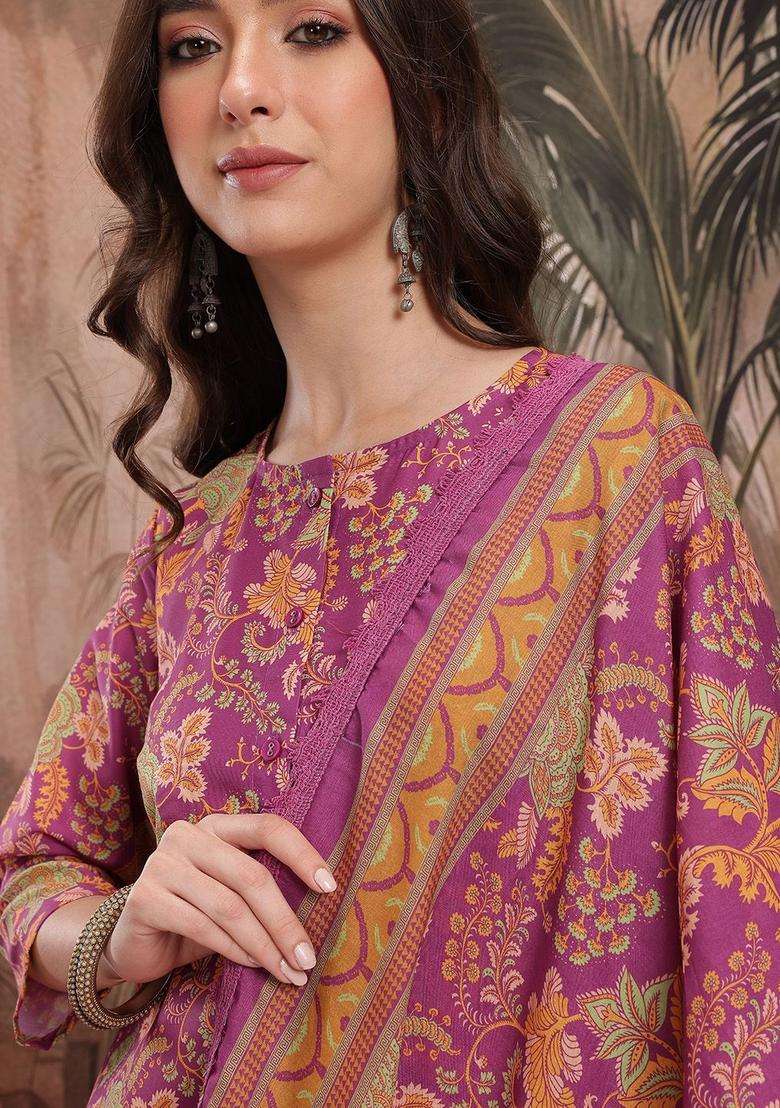 Purple Printed Polyester Kurta Set - Indya