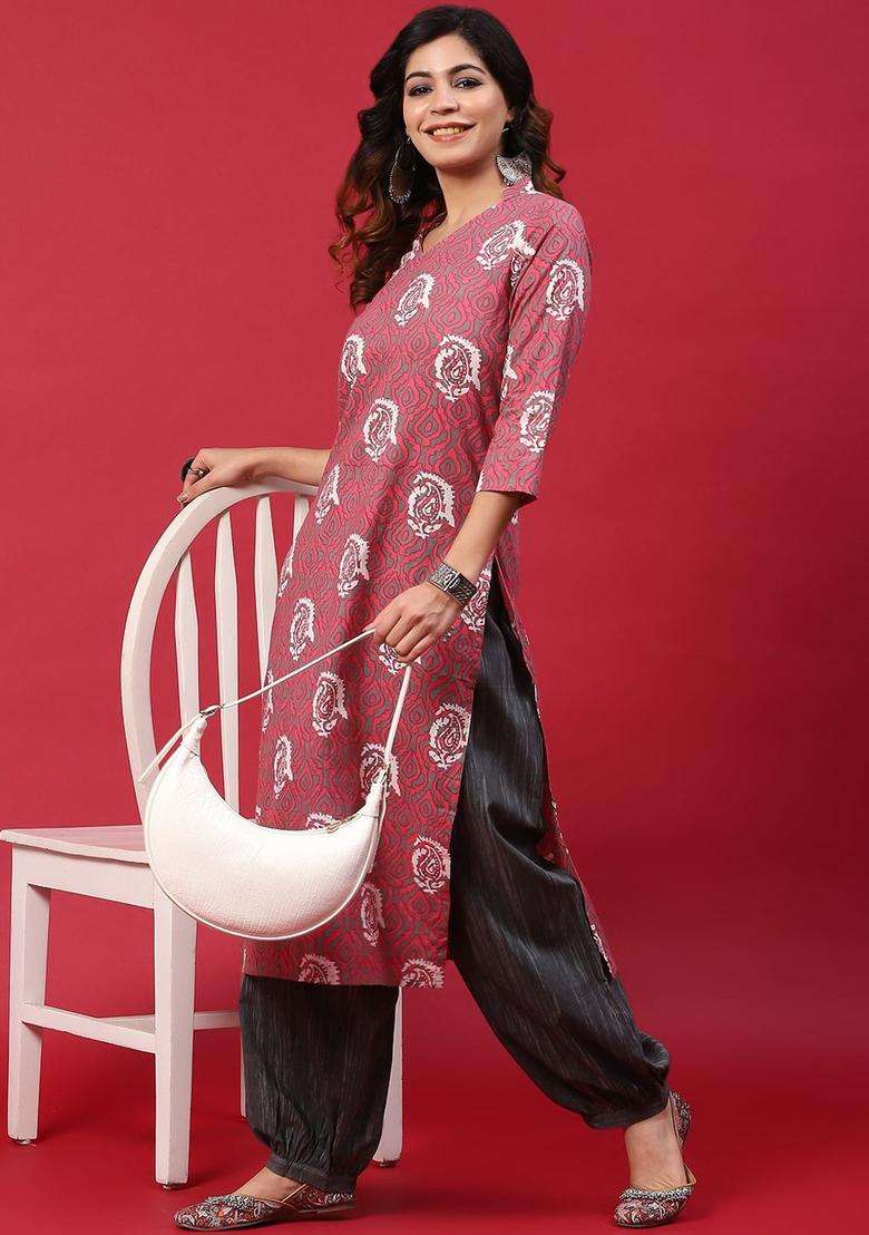 Pink Printed Cotton Kurta Set - Indya