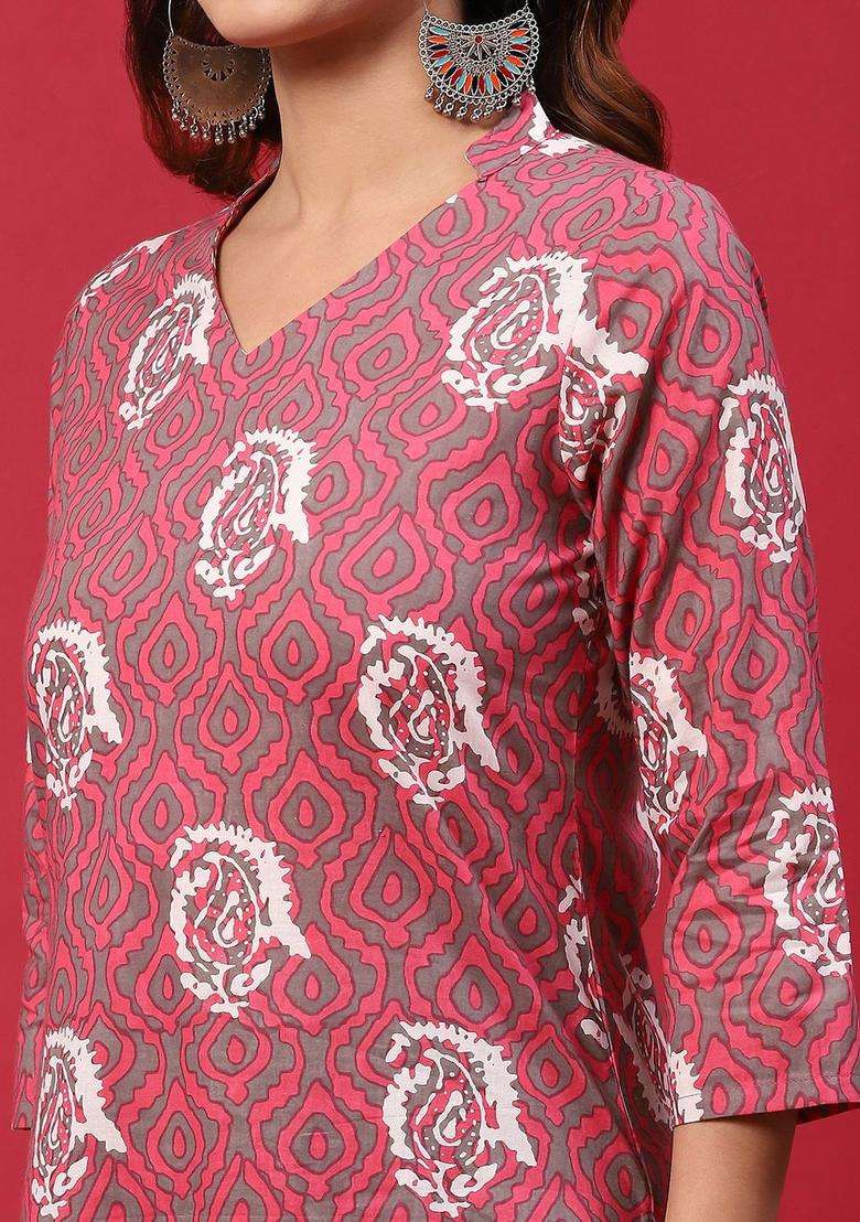 Pink Printed Cotton Kurta Set - Indya