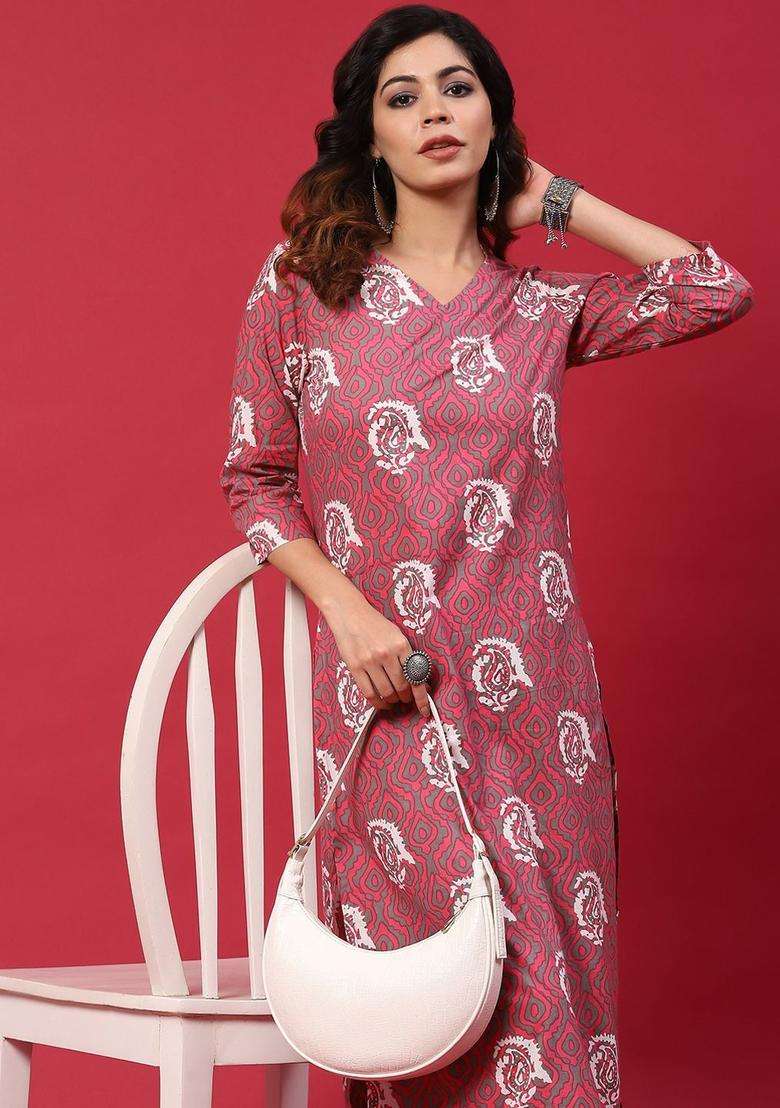 Pink Printed Cotton Kurta Set - Indya