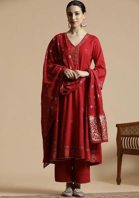 Red Embroidered Viscose Anarkali Set