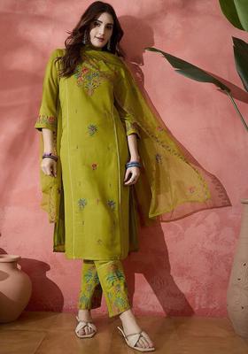 Lime Green Embroidered Silk Kurta Set