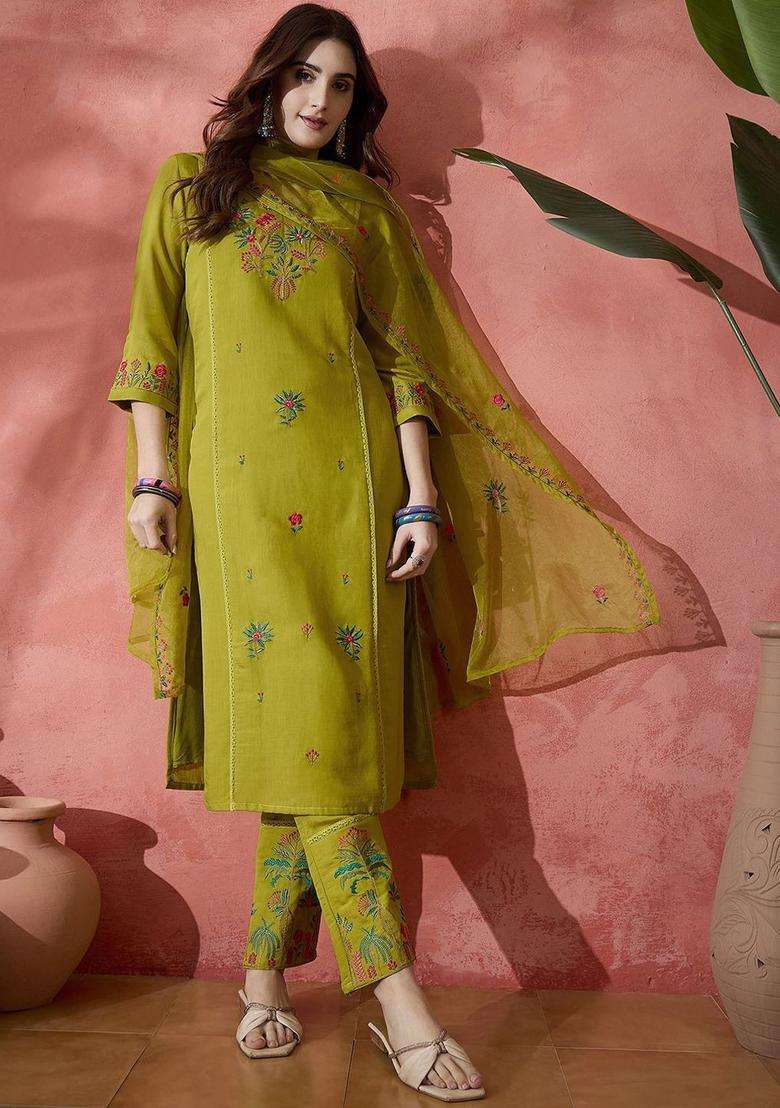 Lime Green Embroidered Silk Blend Kurta Set - Indya
