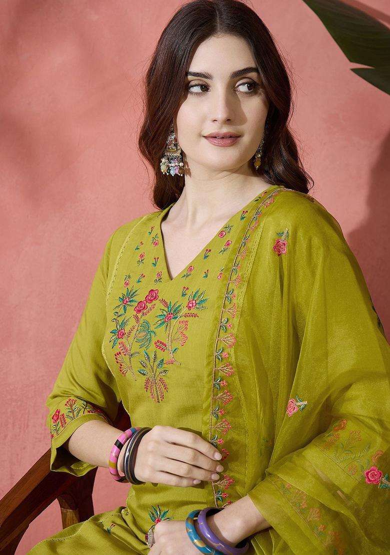 Lime Green Embroidered Silk Blend Kurta Set - Indya