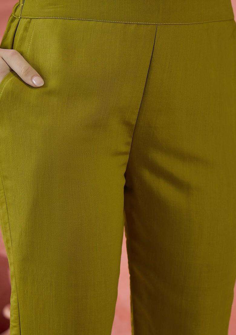 Lime Green Embroidered Silk Blend Kurta Set - Indya