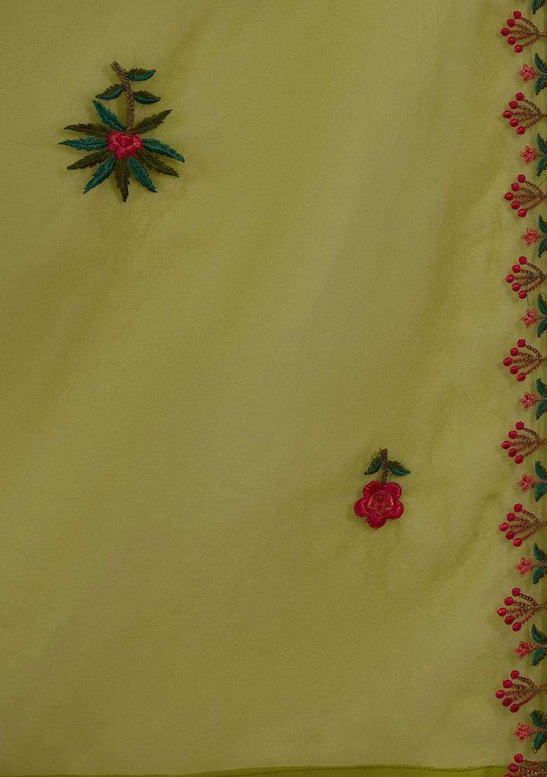 Lime Green Embroidered Silk Blend Kurta Set - Indya