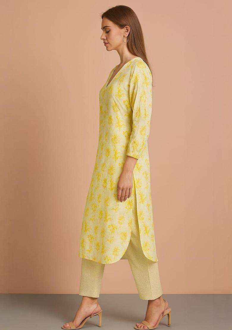 Yellow Printed Cotton Kurta Set - Indya