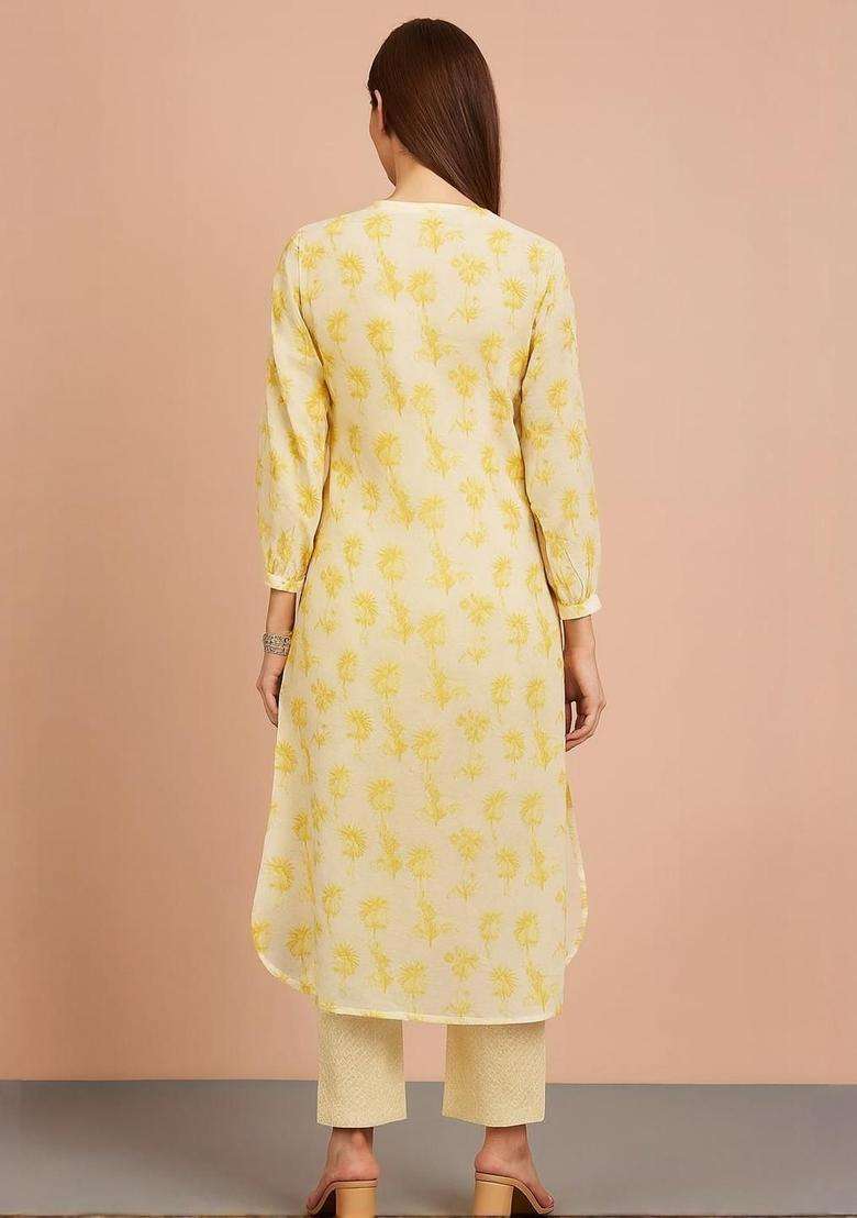 Yellow Printed Cotton Kurta Set - Indya