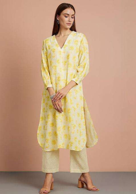 Yellow Printed Cotton Kurta Set