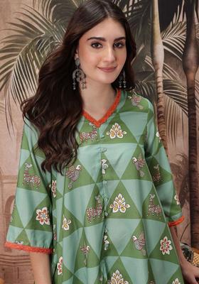 Green Printed Polyester Kurta Set