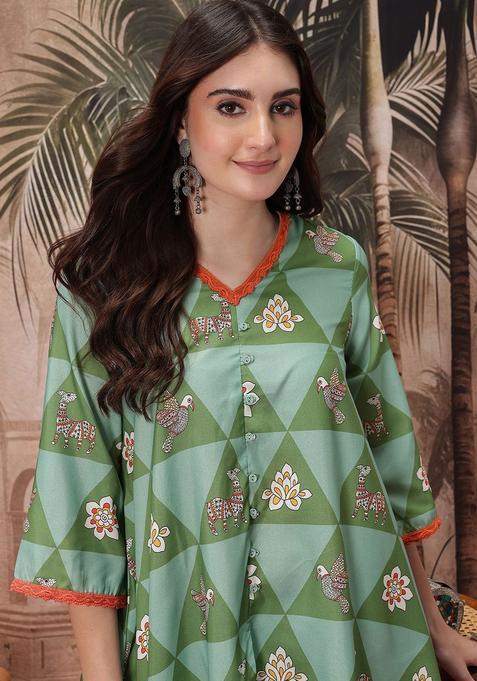Green Printed Polyester Kurta Set — view on Indya