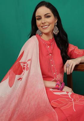 Red Self Design Cotton Kurta Set