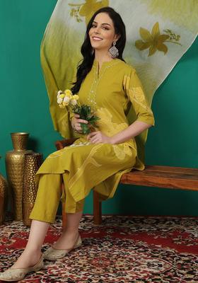 Lime Green Printed Cotton Kurta Set