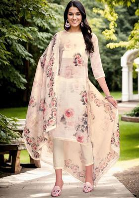 Cream Printed Linen Kurta Set