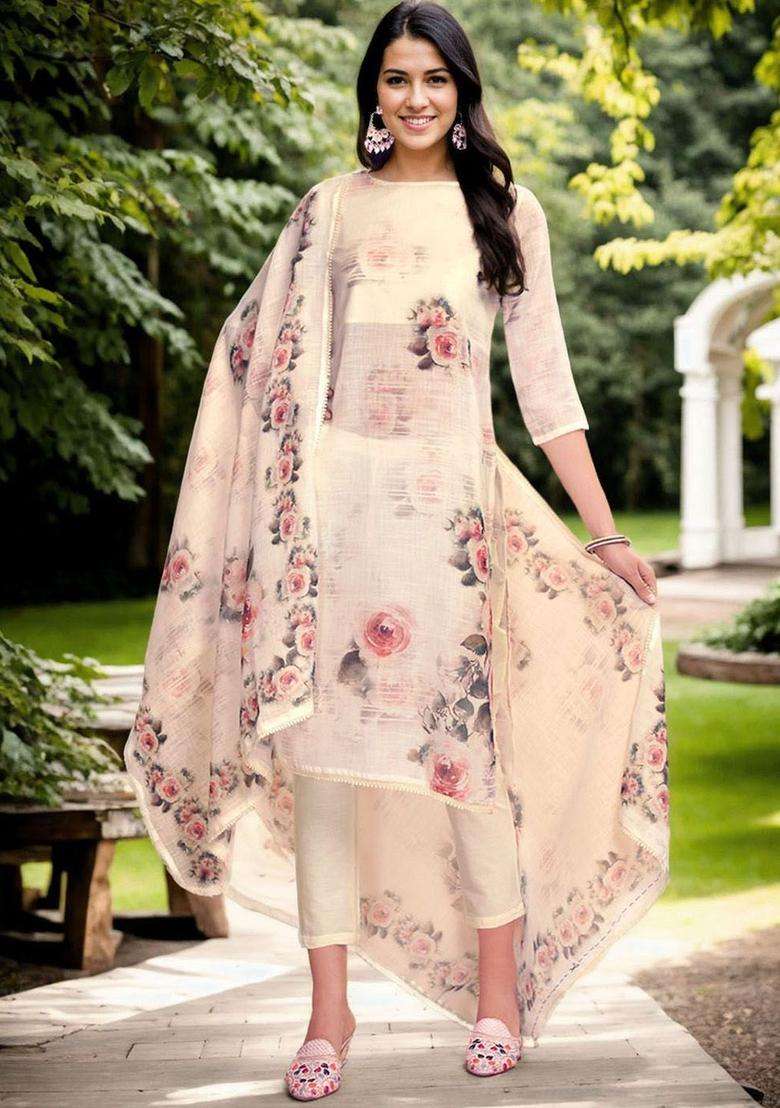 Cream Printed Linen Kurta Set - Indya