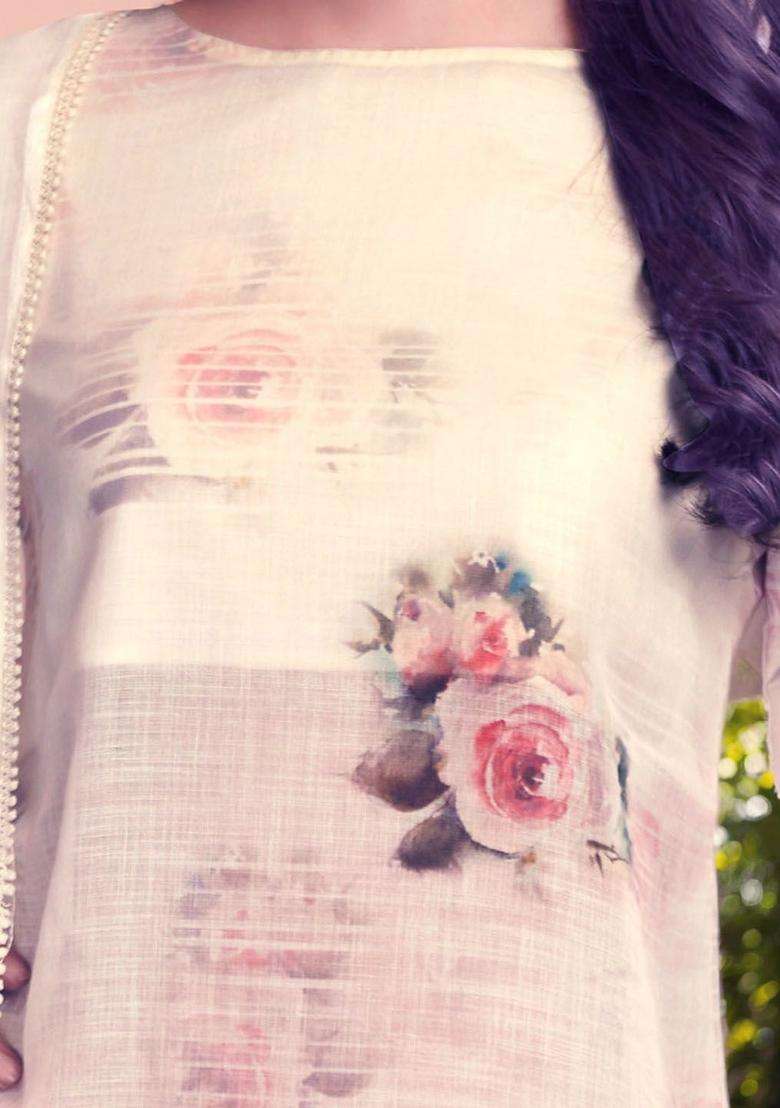 Cream Printed Linen Kurta Set - Indya