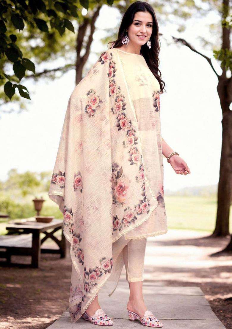 Cream Printed Linen Kurta Set - Indya