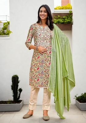 Cream Embroidered Cotton Kurta Set