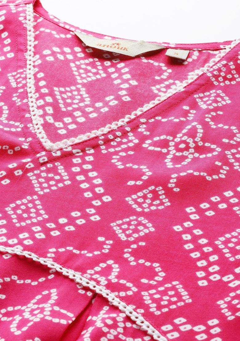 Pink Printed Viscose Kurta Set - Indya