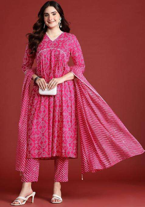 Pink Printed Viscose Kurta Set