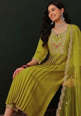Lime Green Embroidered Silk Kurta Set