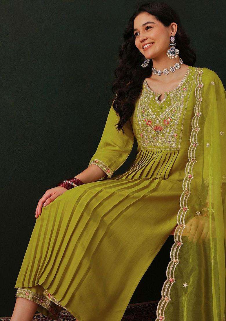 Lime Green Embroidered Silk Blend Kurta Set - Indya