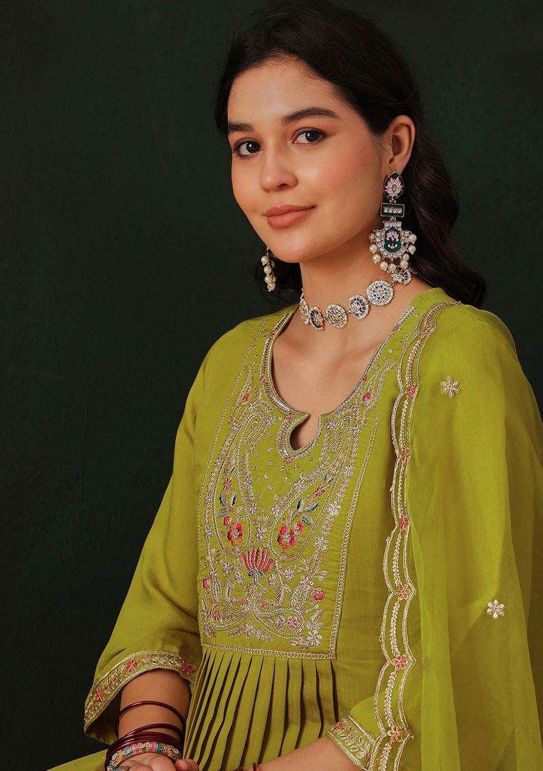 Lime Green Embroidered Silk Blend Kurta Set - Indya