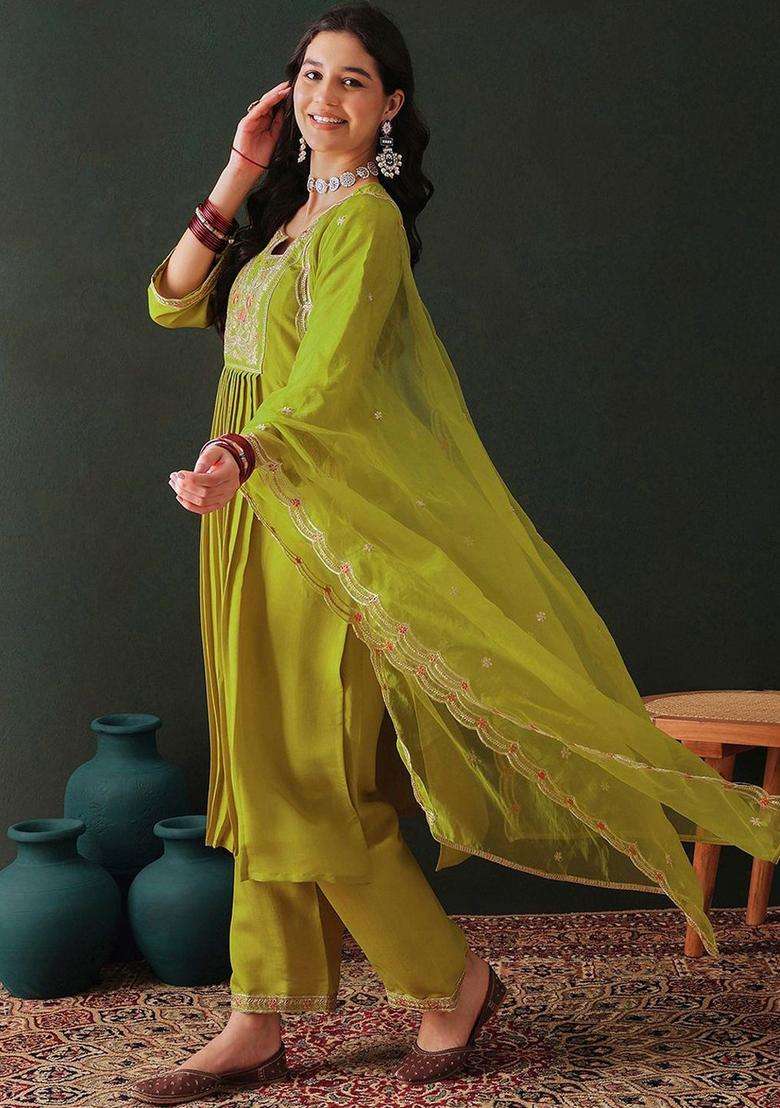 Lime Green Embroidered Silk Blend Kurta Set - Indya