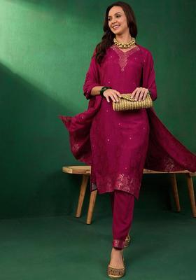 Pink Woven Design Silk Blend Kurta Set
