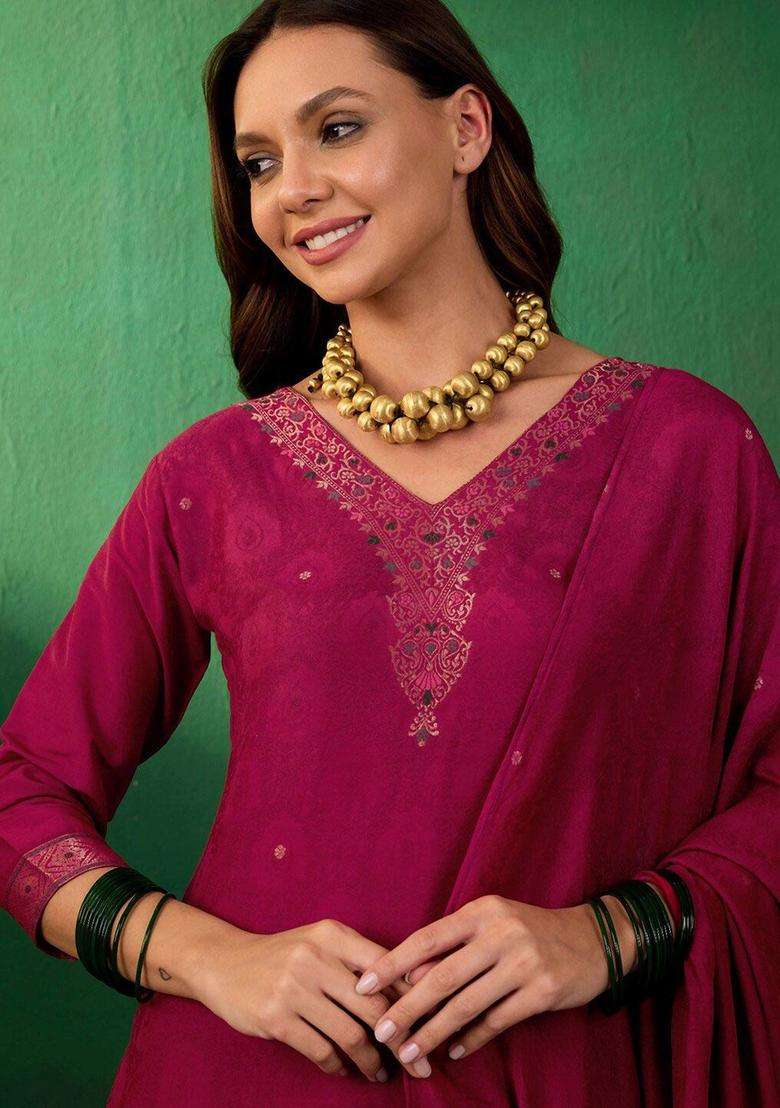 Pink Woven Design Silk Blend Kurta Set - Indya