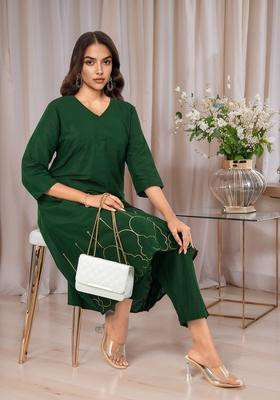 Green Printed Polyester Kurta Set