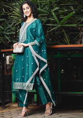 Green Embroidered Polyester Kurta Set