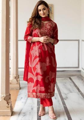 Red Printed Silk Blend Kurta Set