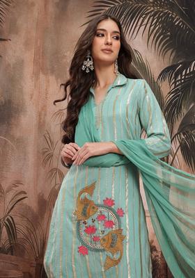 Turquoise Blue Embroidered Nylon Kurta Set