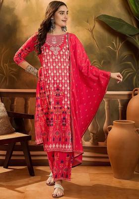 Red Printed Silk Blend Kurta Set