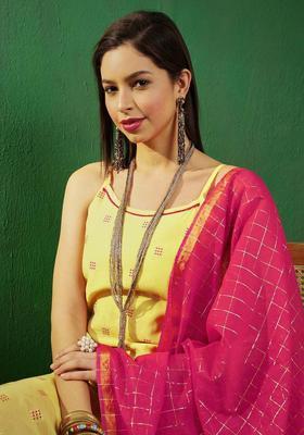 Yellow Woven Design Cotton Kurta Set