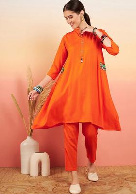 Orange Solid Viscose Kurta Set