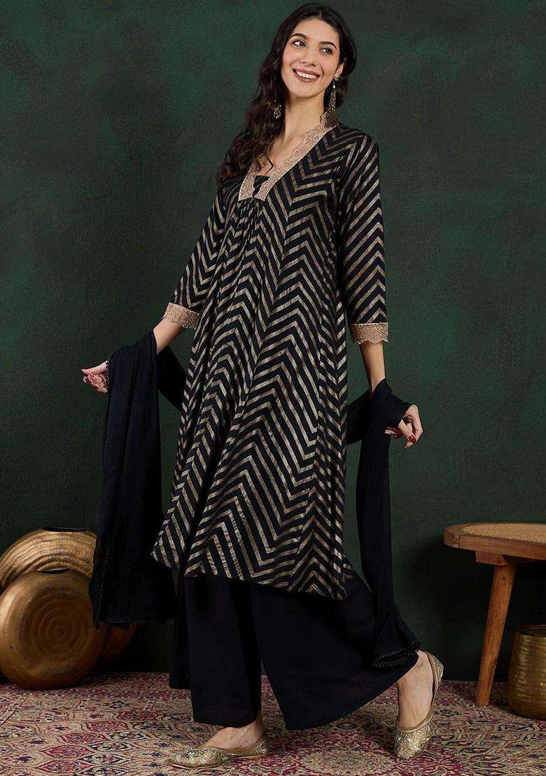 Black Printed Viscose Anarkali Set - Indya