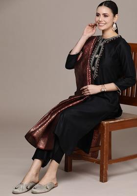 Black Yoke Design Silk Blend Kurta Set