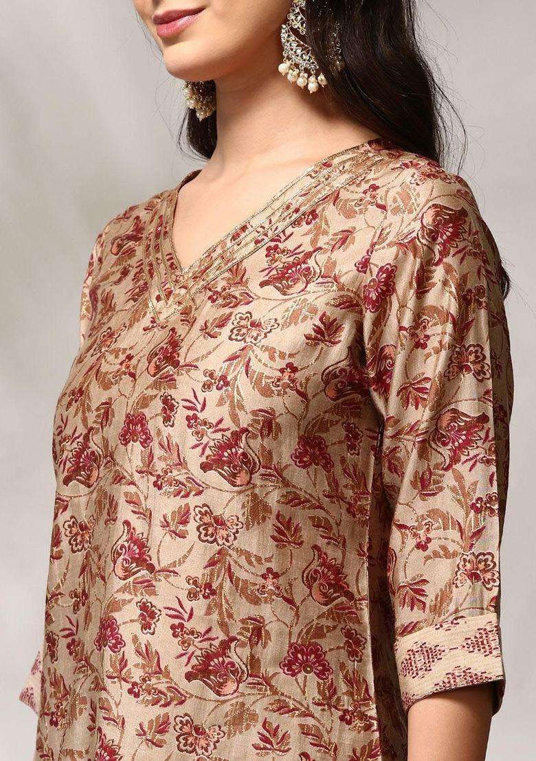 Maroon Printed Cotton Kurta Set - Indya