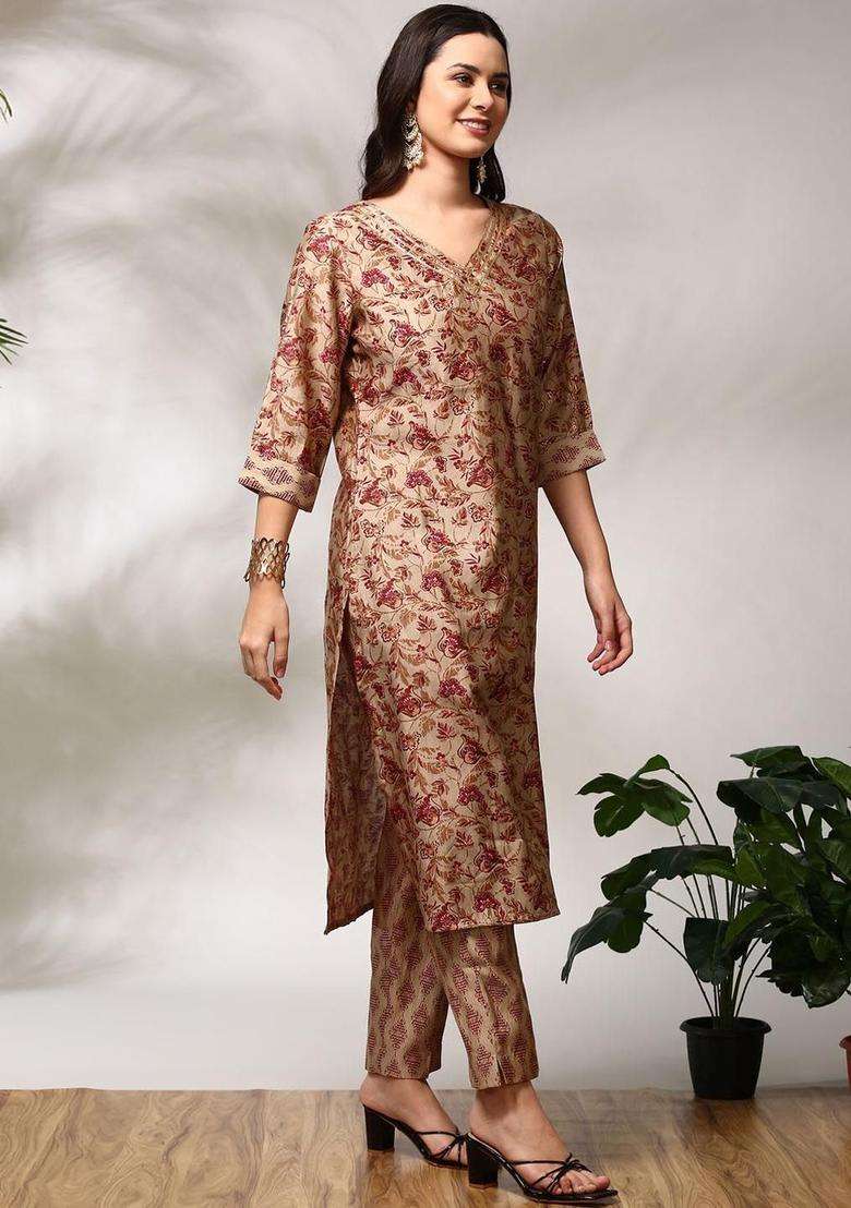 Maroon Printed Cotton Kurta Set - Indya