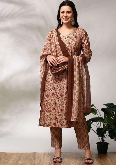 Maroon Printed Cotton Kurta Set