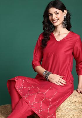 Maroon Printed Polyester Kurta Set